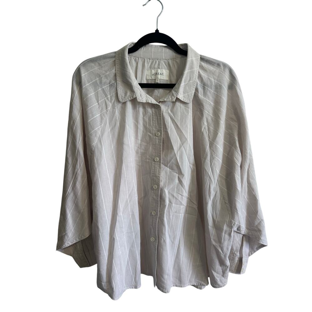 The Great. Gray Beige Striped Cotton Button Up Shirt Balloon Wide Sleeve Sz 3/L